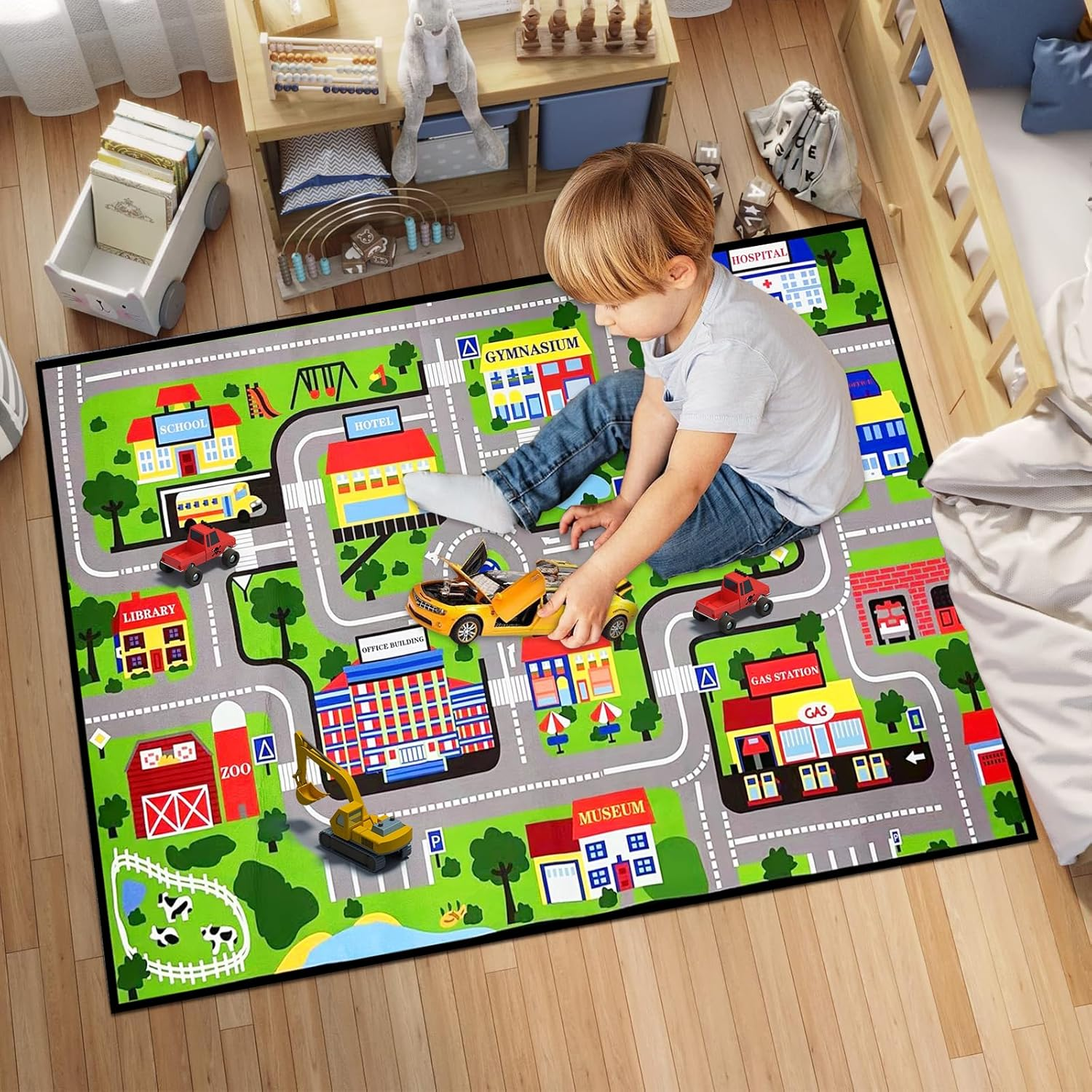 Kids Play Rug Carpet Town City Industrial Farm Road Car Mat 160X120Cm Kids Playmat Exercise Mat Learning Educational Area Rug for Children Boy Girl Kids Bedroom Playroom (Style B, 120X160Cm)