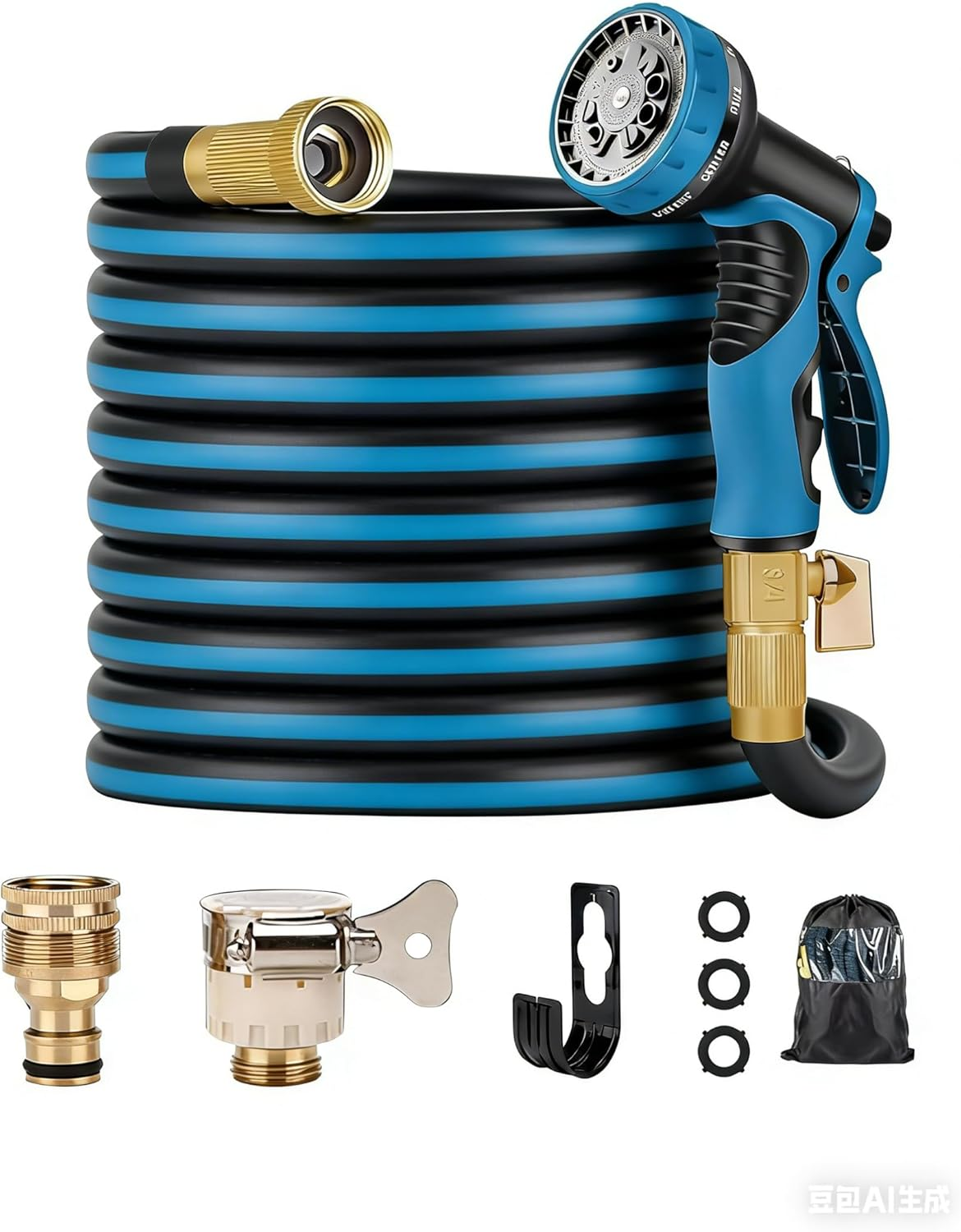 Expandable Garden Hose, with 8-Mode Spray Nozzle, Universal Adapter for 1/2" & 3/4", Flexible Retractable Water Hose for Car Wash, Lawn, Garden, and Outdoor Cleaning (Black and Blue, 15 Meter)