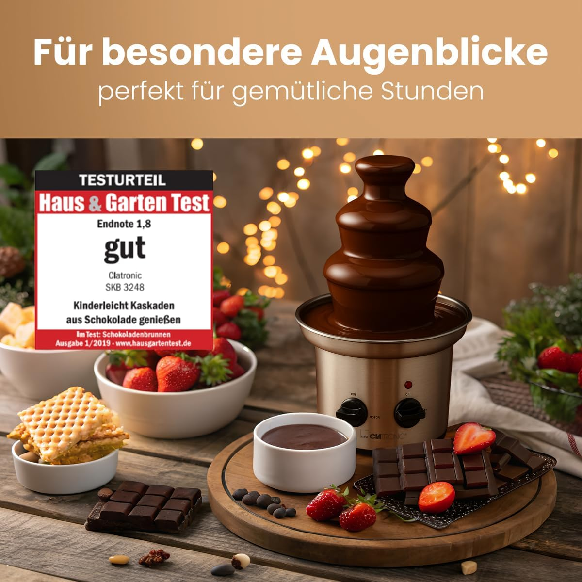 Clatronic&reg; SKB 3248 Chocolate Fountain with Excellent Chocolate Flow, for Fruits and Pastries, Easy to Clean, Chocolate Fountain with Melting Function, Small Chocolate Fountain