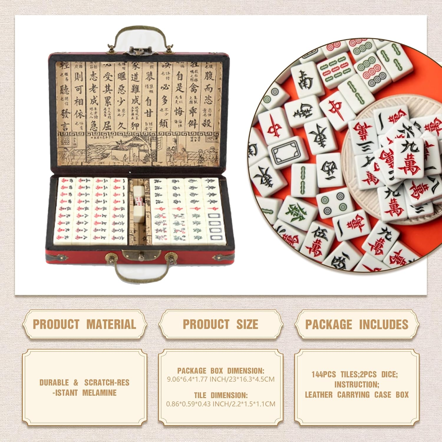 Classic Chinese Mahjong Game Set, 144 Mahjong Tiles and 2 Dice, with a Vintage and Exquisite Wooden Box, Clear Text, Suitable for Family Gatherings and Friends Gatherings image number 4
