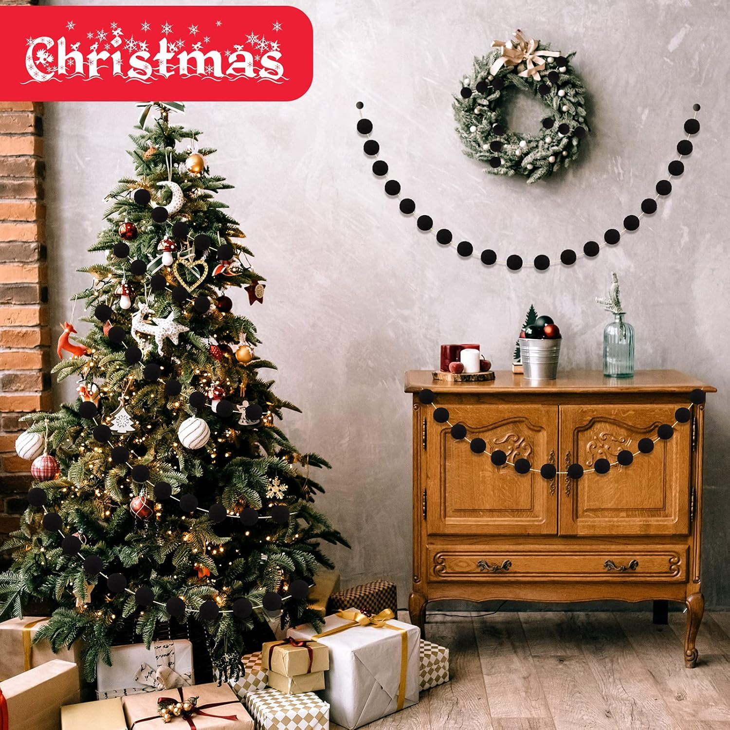 Tegeme 4 Pieces Felt Pom Poms Garland Ball 6.6Ft Hanging Banner Ball Garland for Wall Decoration Festivals Room Home Wedding Birthday Party(Black) - White image number 4