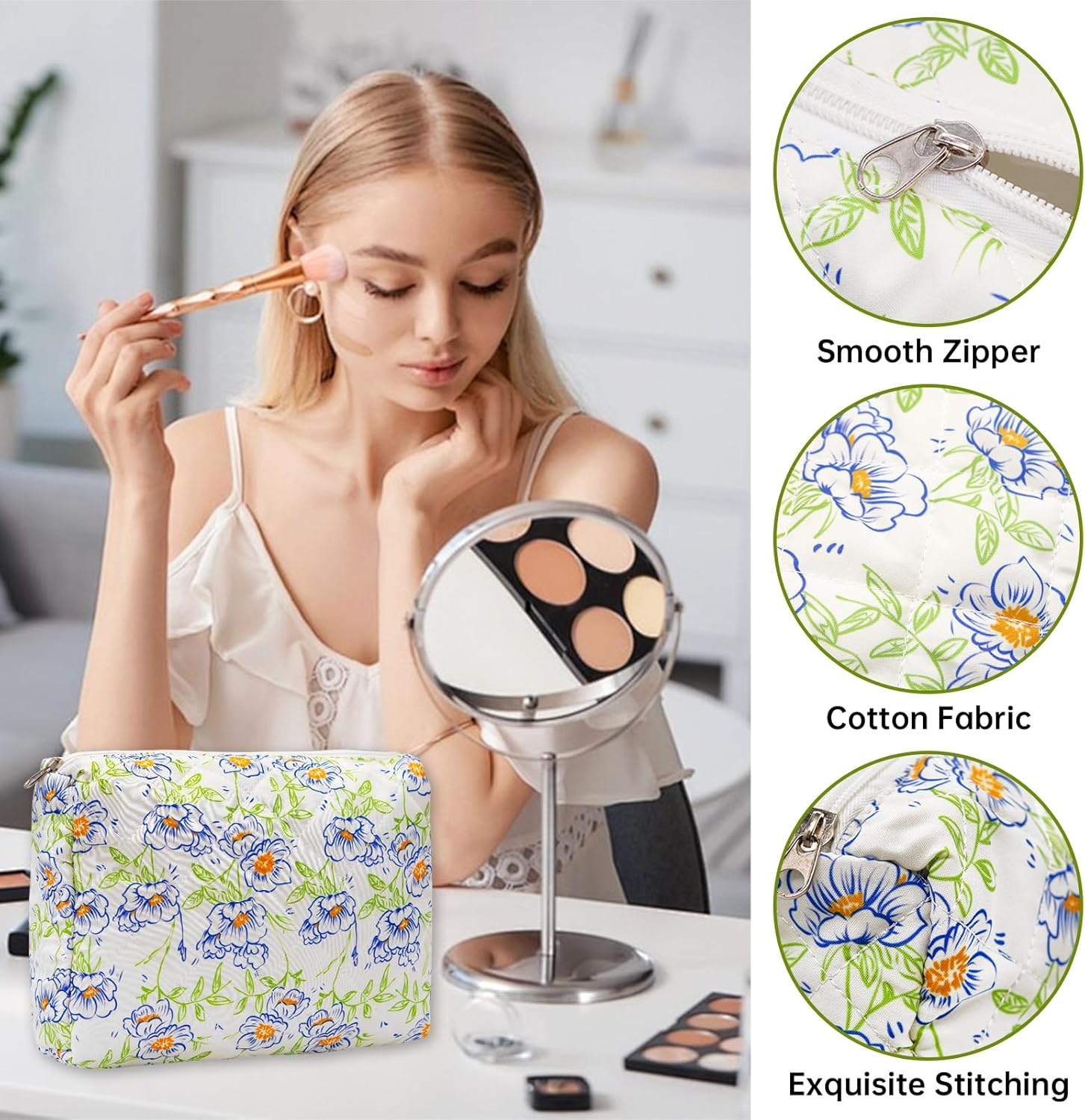 Long Keeper Large Makeup Bag Floral Aesthetic Cosmetic Bag Women Cotton Travel Make up Bag Cute Flower Toiletry Organizer Bag, Blue Green Flower, Trendy image number 3