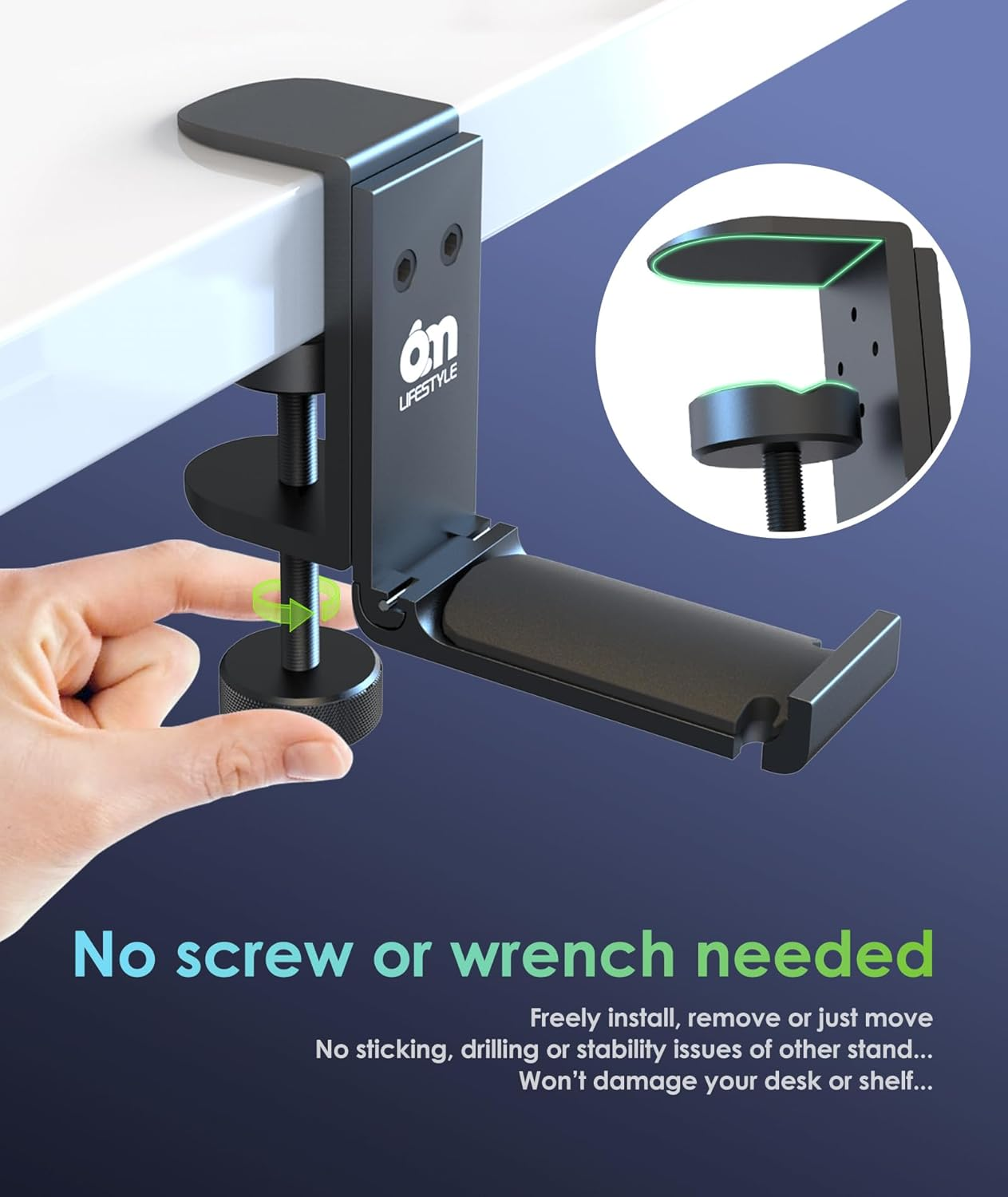 6Amlifestyle [2022 Newest Version] Foldable Headphone Stand Hanger under Desk Clamp with Cable Organizer save Space Metal Headphone Headset Holder for Universal Headphones PS4 PC Headsets, 6A-1203BK image number 2