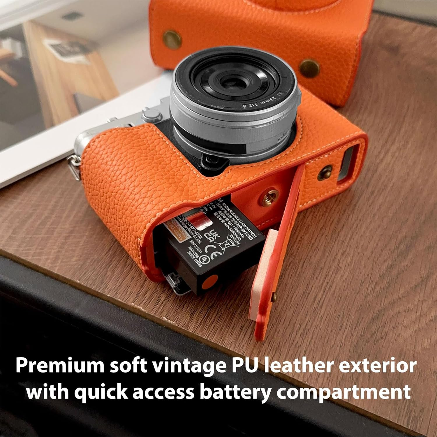 Jectse Camera Case Fit for FUJIFILM XE5, PU Leather Crossbody Camera Bag, Including Half Case Flip Cover and Adjustable Shoulder Strap (Orange) - Black image number 6
