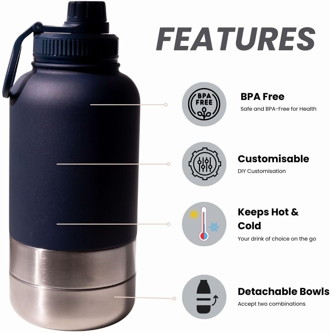 2-In-1 Dog Water Bottle & Food Dispenser, Insulated Stainless Steel Travel Bottle with Built-In Bowl, Portable Pet Hydration for Hiking & Outdoors (Dark Blue) image number 3
