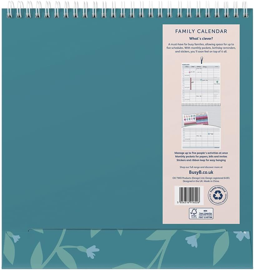 Busy B - Large Family Wall Calendar 2026 - Birds Design with 5 Columns & Storage Pockets - Monthly Calendar 2026 for Busy Families with Colour-Coded Stickers - 23.5 X 25.5 Cm image number 2