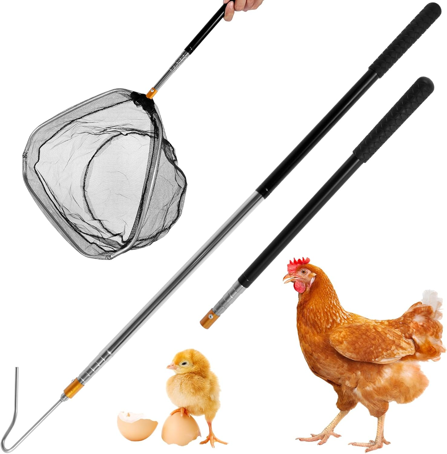 Telescopic Chicken Net Catcher 58.5 Inch Chicken Catching Net with Handle Stainless Steel Pole Poultry Catcher Leg Hook for Catching Poultry Chickens Turkeys Geese Ducks Fish image number 5