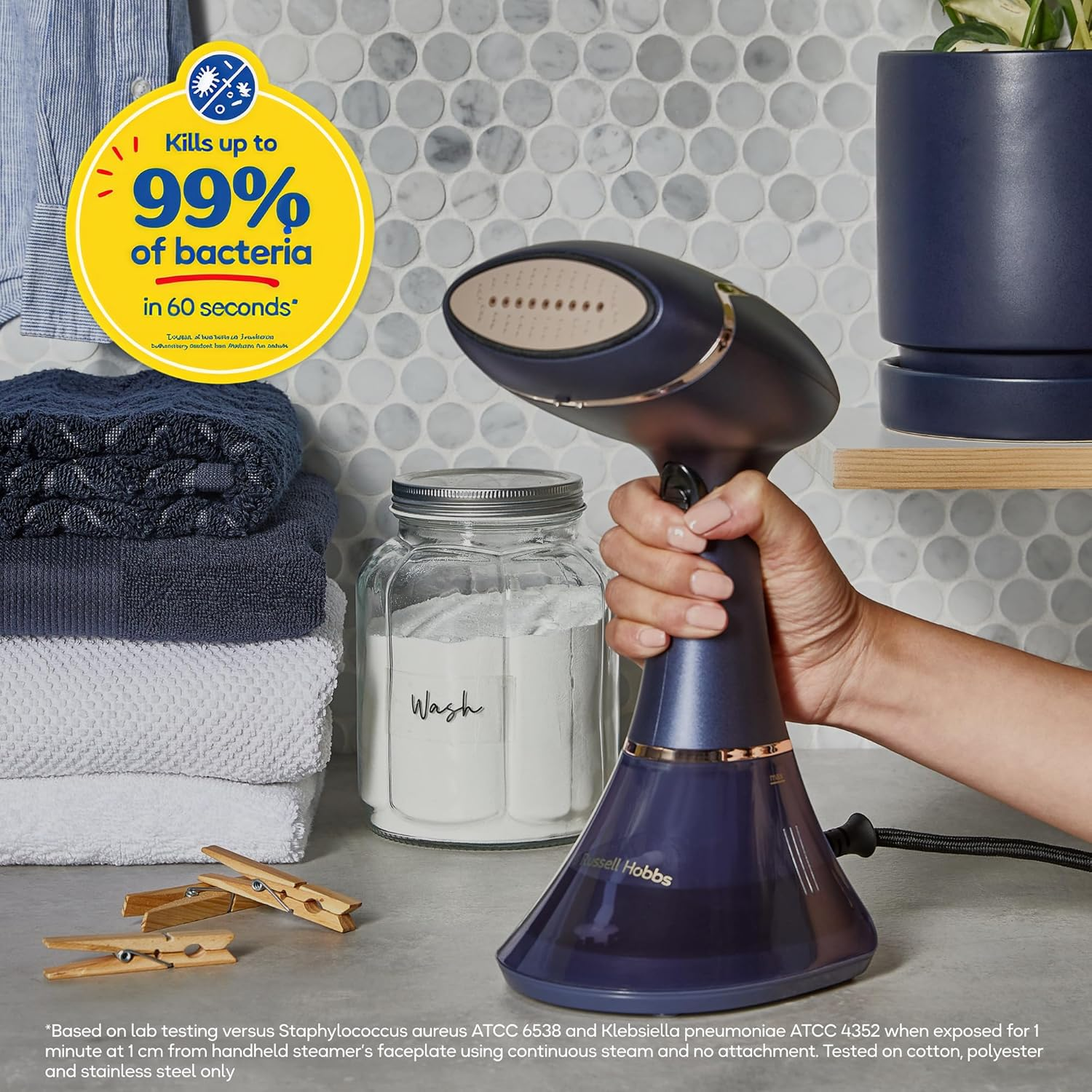 Russell Hobbs Handheld Supreme Garment Steamer, RHC410, 200Ml Water Tank, Scent Infuser, Rapid Heat-Up, Navy and Champagne image number 3