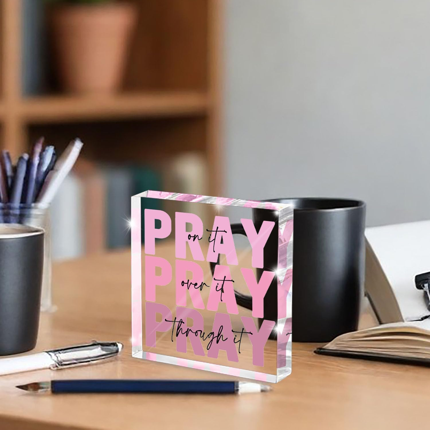 Zaxek Pink Inspirational Decor Pray over It Bible Verse Wall Art Christian Sign, 4X4 Inches Office Desk Accessories Decor Sign, Pink Dorm Room Decor for Women image number 5