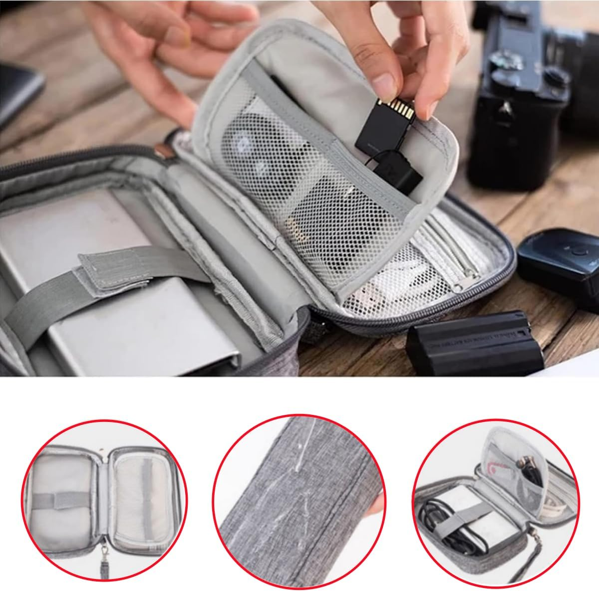 Electronic Accessories Bag,Travel Cable Organizer Bag Pouch Electronic Accessories Carry Case Portable Double Layers Storage Bag for Cable,Adapter, Battery and More,Mouse,Ipad, Phone (Grey) image number 4
