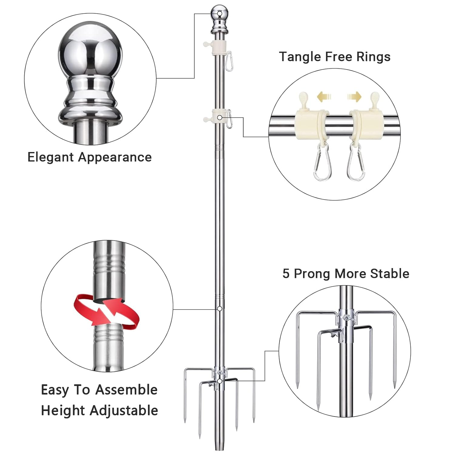 Ground Flag Poles for outside House - 1" Tangle Free Flag Pole Kit with 5 Prong - 8.5Ft Yard Flag Stand for Outdoor,Wind Resistant & Rustproof for Garden - Silver image number 4