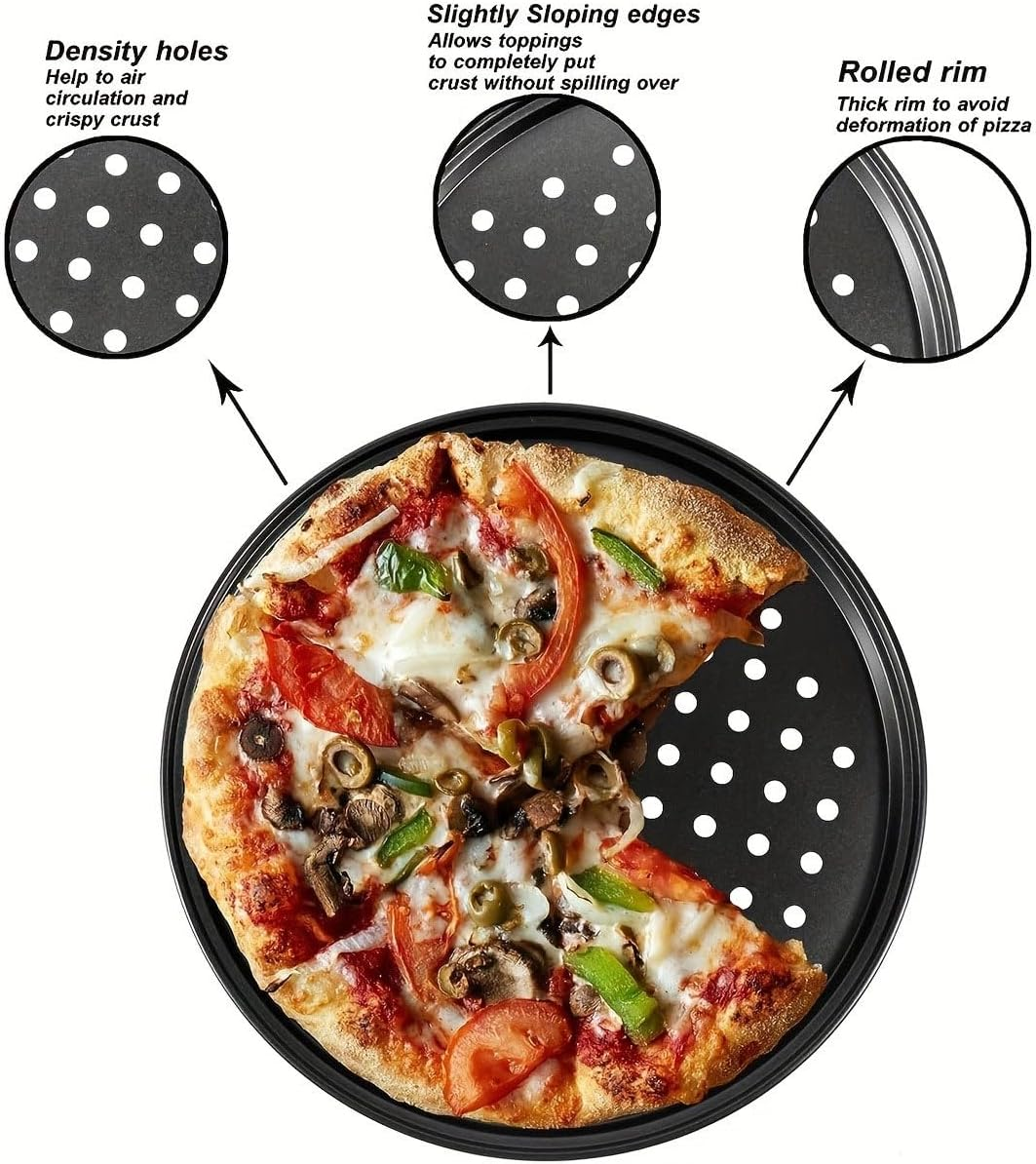 AIMALL 3-Piece Carbon Steel Pizza Pan Set - round Perforated Baking Tray with Airflow Holes, Non-Stick Crisper Pan for Even Heating, Restaurant-Grade for Oven/Grill (9.44", 10.23", 11.02") image number 3