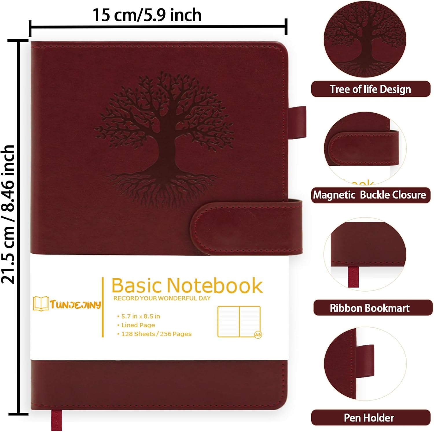 TUNJEJINY Lined Journal Notebook for Women & Men, Hardcover Leather Journal for Writing, A5 College Ruled Notebook for Work & Note Taking, Perfect for Office School Home Supplies, 256 Pages image number 4