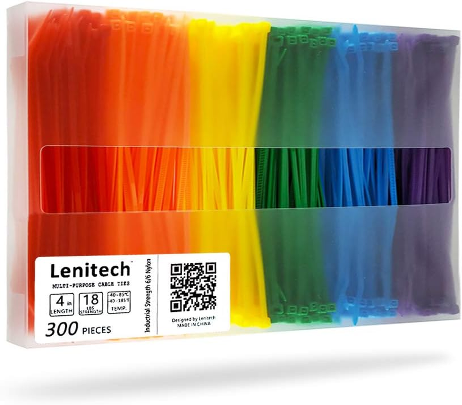 Lenitech 4Inch Multi-Purpose Assorted Cable Zip Ties, 300 Pieces, Colored Black White, Multicolored image number 4