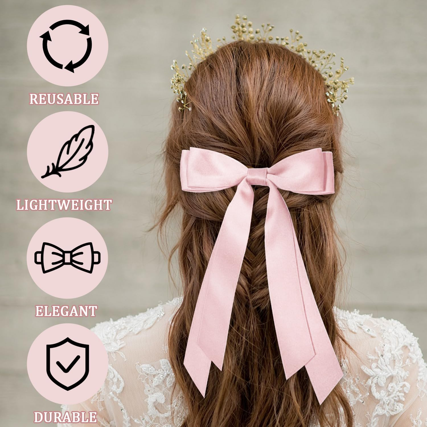 SYEYCW 5 Pcs Hair Bows for Girls Women, Ribbon Bows for Hair, Metal Ponytail Clips, Ribbon Ponytail Holder Accessories, for Daily Wear, Parties and Celebrations, Black, Red, Pink, Beige, White image number 1