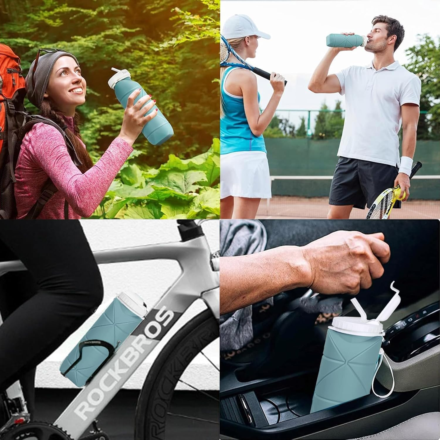 (2 Pack)Rungos Collapsible Water Bottle with Straw for Travel Essentials [Double Leak-Proof Design] [Soft Silicone Straw] BPA Free Silicone Foldable Water Bottle for Outdoor Hiking Sports (Green+Pink) image number 5