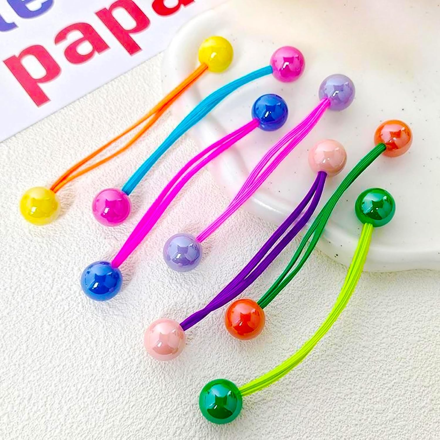 NEETUE 49 Pcs Multicolor Hair Ties with Bead, Cute Elastic Ponytail Holders, Bobble Hair Tie, Colorful Puff Ball Hair Ties for Girls Women image number 2