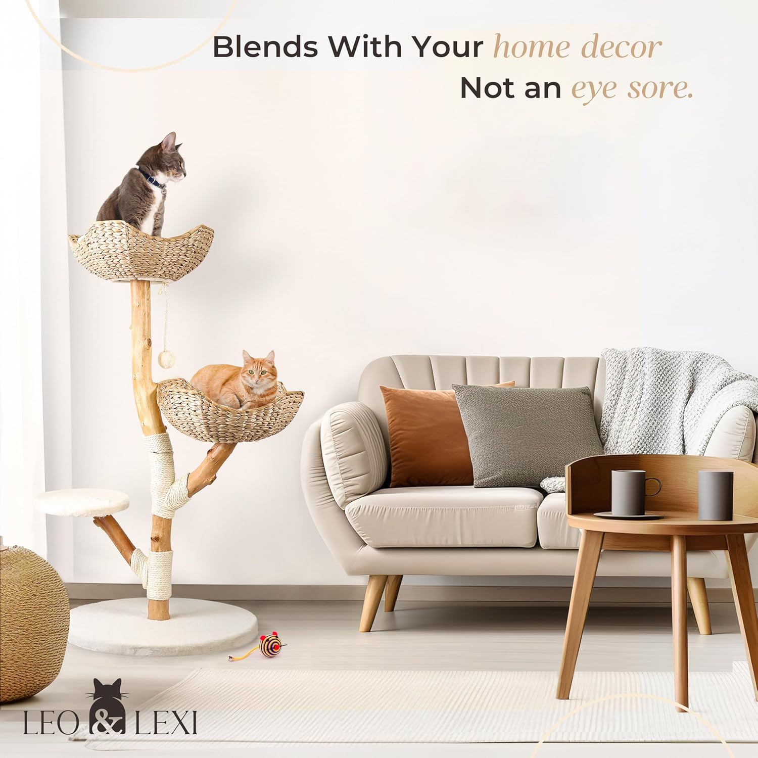 Real Wood Modern Cat Tree Tower for Indoor Cats Large Adult, Heavy Duty Wooden Condo, Kitty Climbing Tower with Scratching Post and Bed, Unique Boho Aesthetic Luxury Pet Furniture by Leo & Lexi