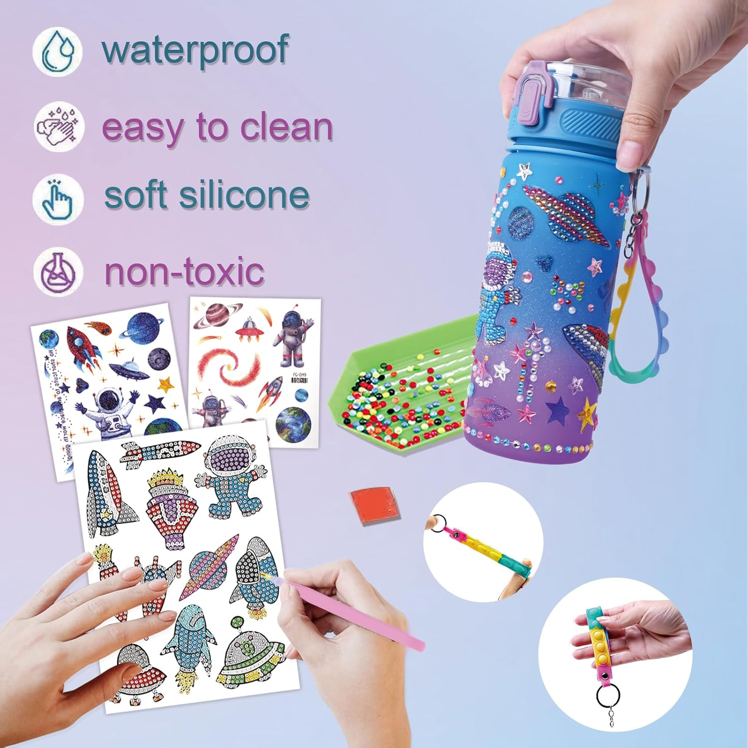 Decorate Your Own Water Bottle Kits for Boys Girls - Gem Diamond Painting Arts and Crafts Toys Gifts for 4-12 Year Old Boys Girls Kids Birthday (Colored Astronauts)