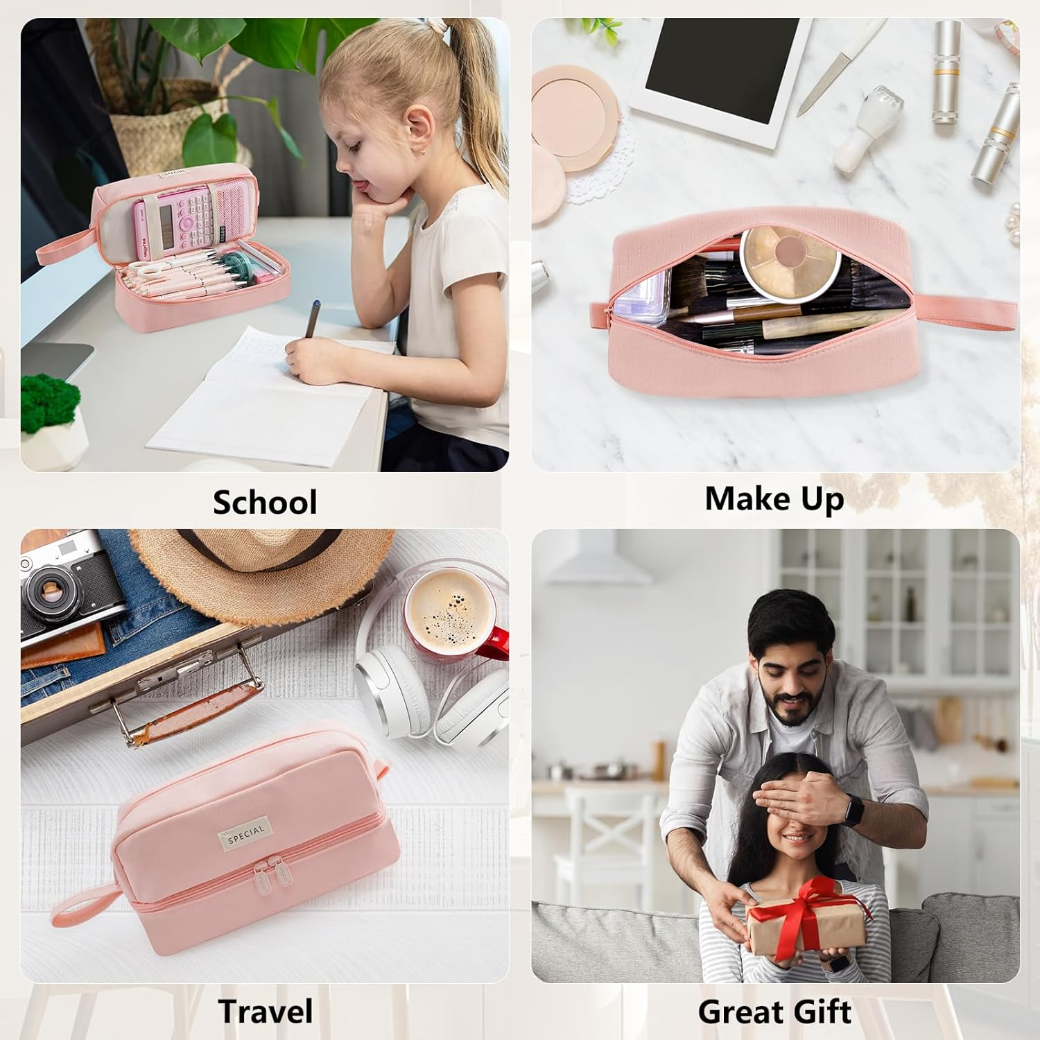 Pencil Case, Large Pencil Case with 2 Compartment, Pink Aesthetic Pen Bag with Double Zippers, Back to School Supplies for Kids Adult Boys Girls Student image number 1