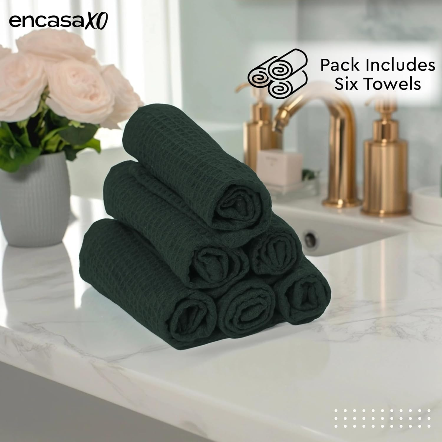Encasa XO Face and Hand Towels for Bath, Gym - 30X30 Cm | Green | Set of 6 - Quick Dry Waffle Weave Face Cloths - Reusable Dishcloths for Everyday Use image number 4
