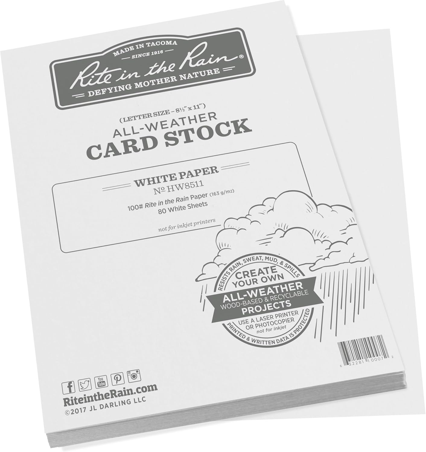 Rite in the Rain Weatherproof Card Stock, 8.5" X 11", 100#, 20 Sheets of White, Green, Tan, and Gray, 80 Sheet Pack (No. HW8511M) (Pack of 2)