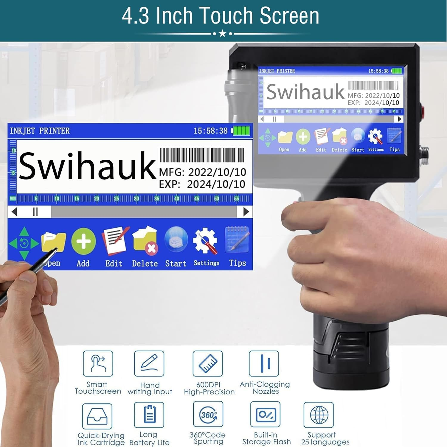 Handheld Inkjet Printer - 4.3" Touch Screen & Drying Ink Cartridge, Supports 28 Languages & QR Code Barcode - Ideal for Printing Production Dates, Times, Logos & Batches image number 3