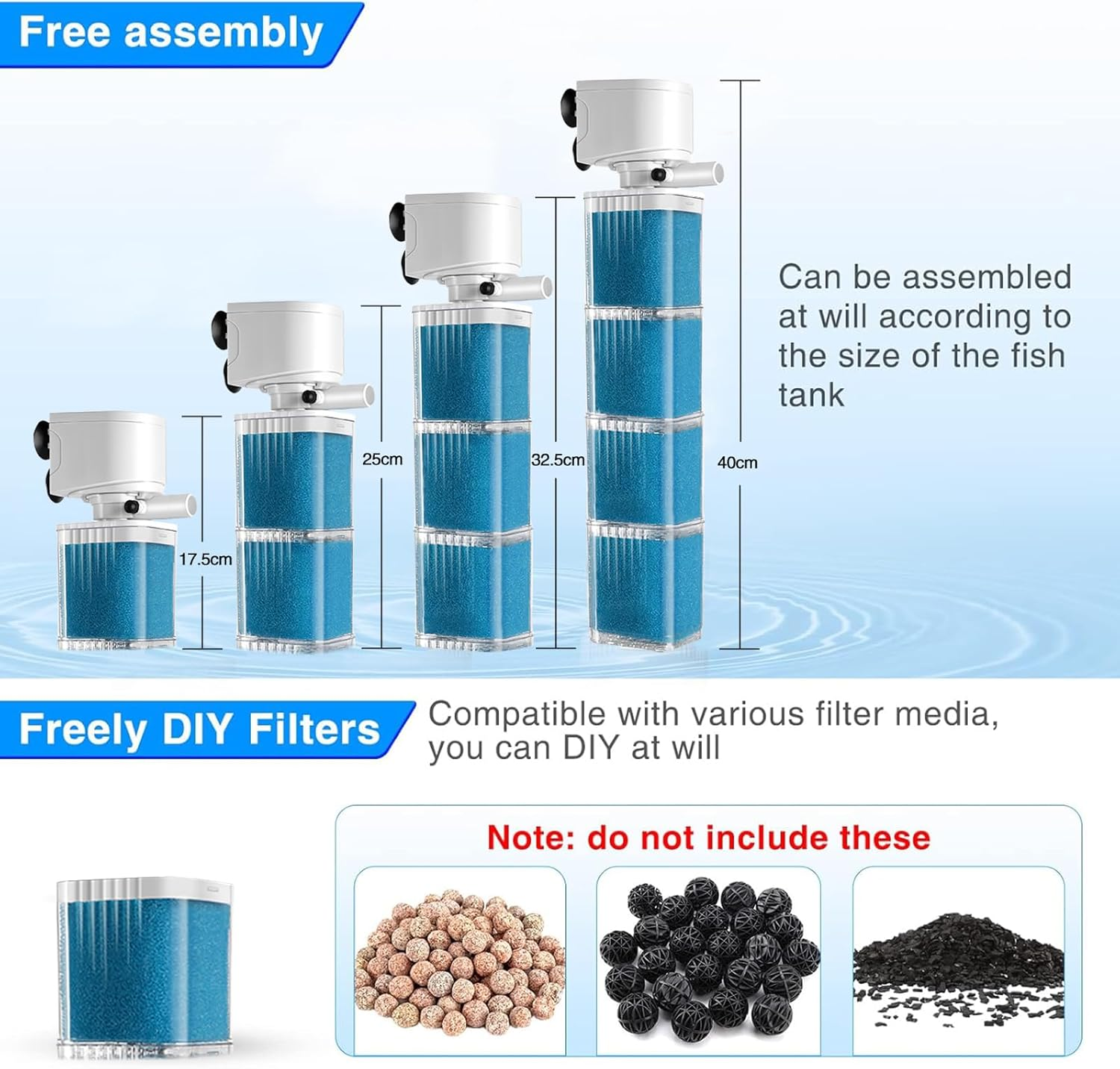 XIULIUU 35W Submersible Aquarium Filter for 30-800 L, 3-In-1 Biochemical Sponge Filter for Aquarium Filtration/Oxygenation/Circulation, up to 2500L/H Adjustable Internal Fish Tank Filter (Blue) image number 4