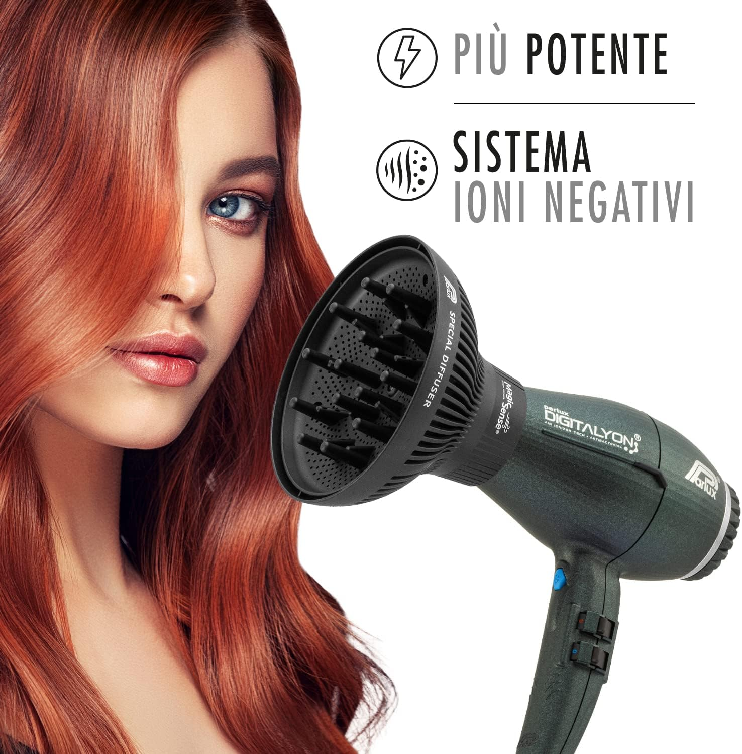 Parlux Digitalyon Magicsense Diffuser, Professional Digital Hair Dryer with Negative Ions, Very Light and Powerful. Made in Italy (Grey Glitter)