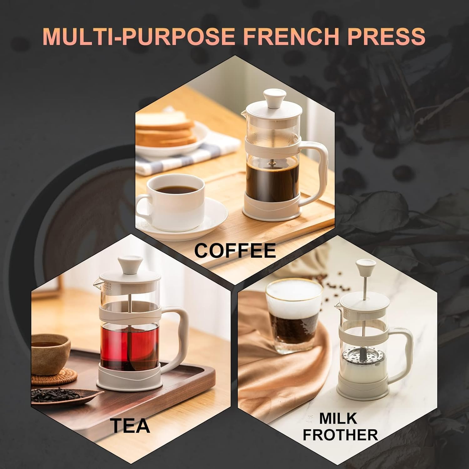 PARACITY French Press Coffee/Tea Maker, Camping Mini Coffee/Tea Press of 304 Stainless Steel Filter and Heat Resistant Glass, Cold Brew Coffee Maker 11.8OZ for Travel& Home Gift(White) - White image number 3