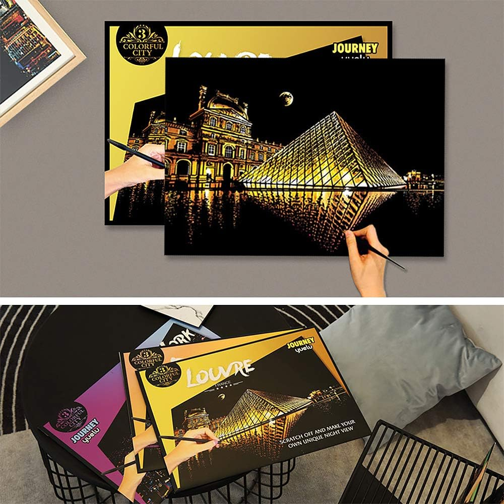 MIASTAR Scratch Paper Rainbow Painting Sketch Pads DIY Art Craft Night View Scratchboard for Adults and Teens - Scratch Painting Creative Gift - 2 Packs & Pen, Clean Brush, 16&rdquo; X 11.2&rdquo; (Paris/Louvre) image number 1