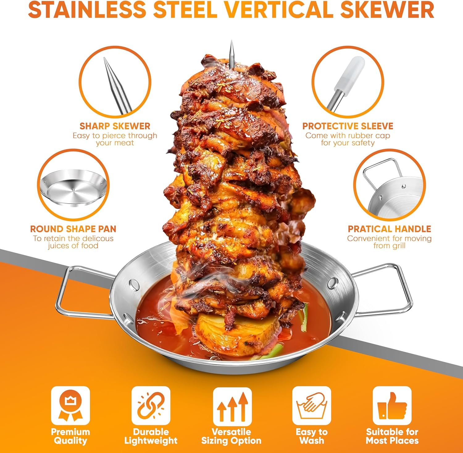 Stainless Steel Al Pastor Vertical Skewer Set for Grill &ndash; Brazilian Spit Stand with 3 Removable Skewers (8&rdquo;, 10&rdquo;, 12&rdquo;) & Brushes, Perfect for Tacos Al Pastor, Shawarma, Kebabs, Smoker, Oven, BBQ image number 1