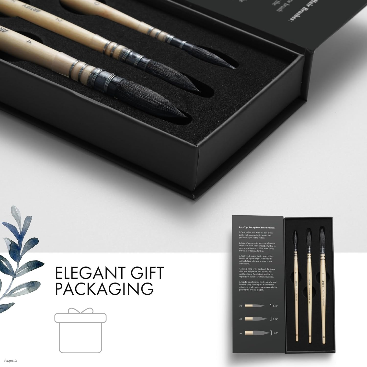 ARTIFY 3PCS Professional Natural Squirrel Hair Quill round Fine Tip Detail Watercolor Brush Set | Ideal for Watercolor and Gouache Painting | Sizes #0, #2, #4