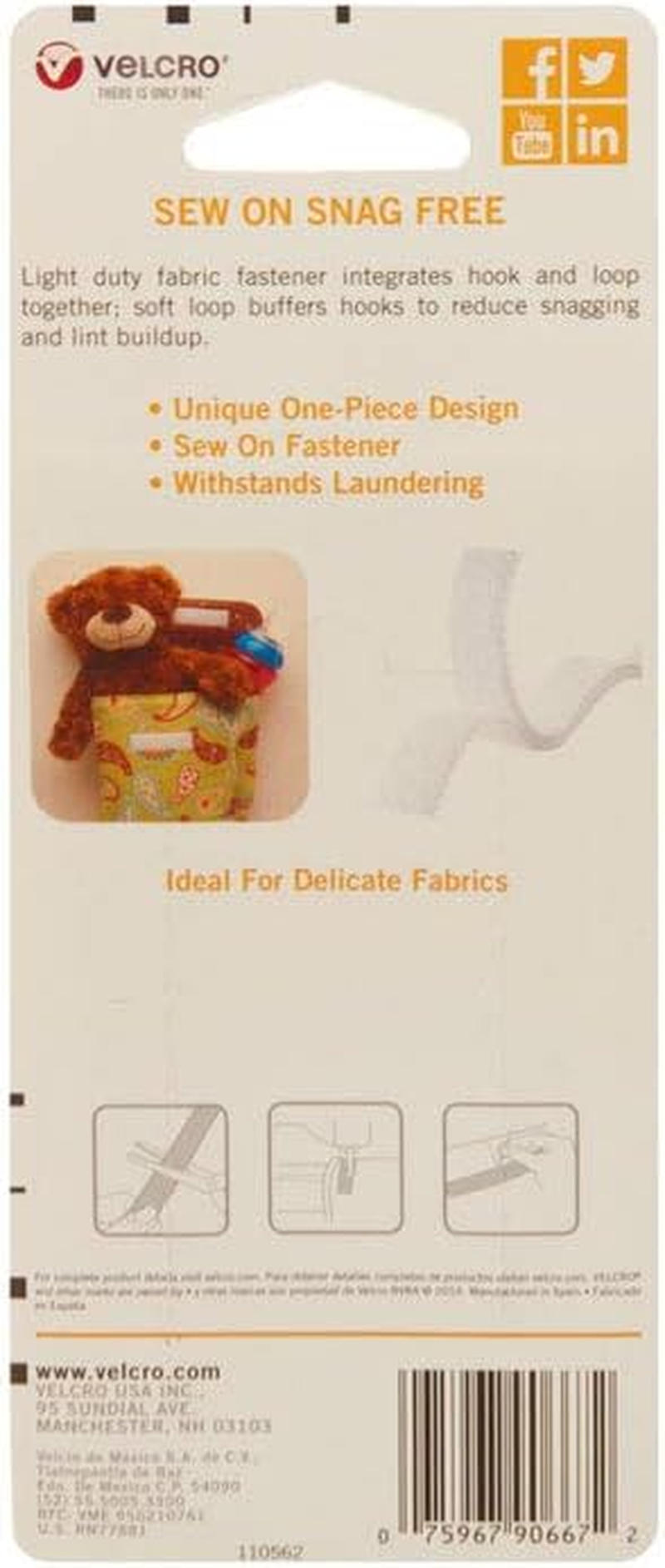 VELCRO Brands Sew on Snag Free Hook and Loop Tape for Fabrics, 0.9M X 1.9Cm, White image number 1