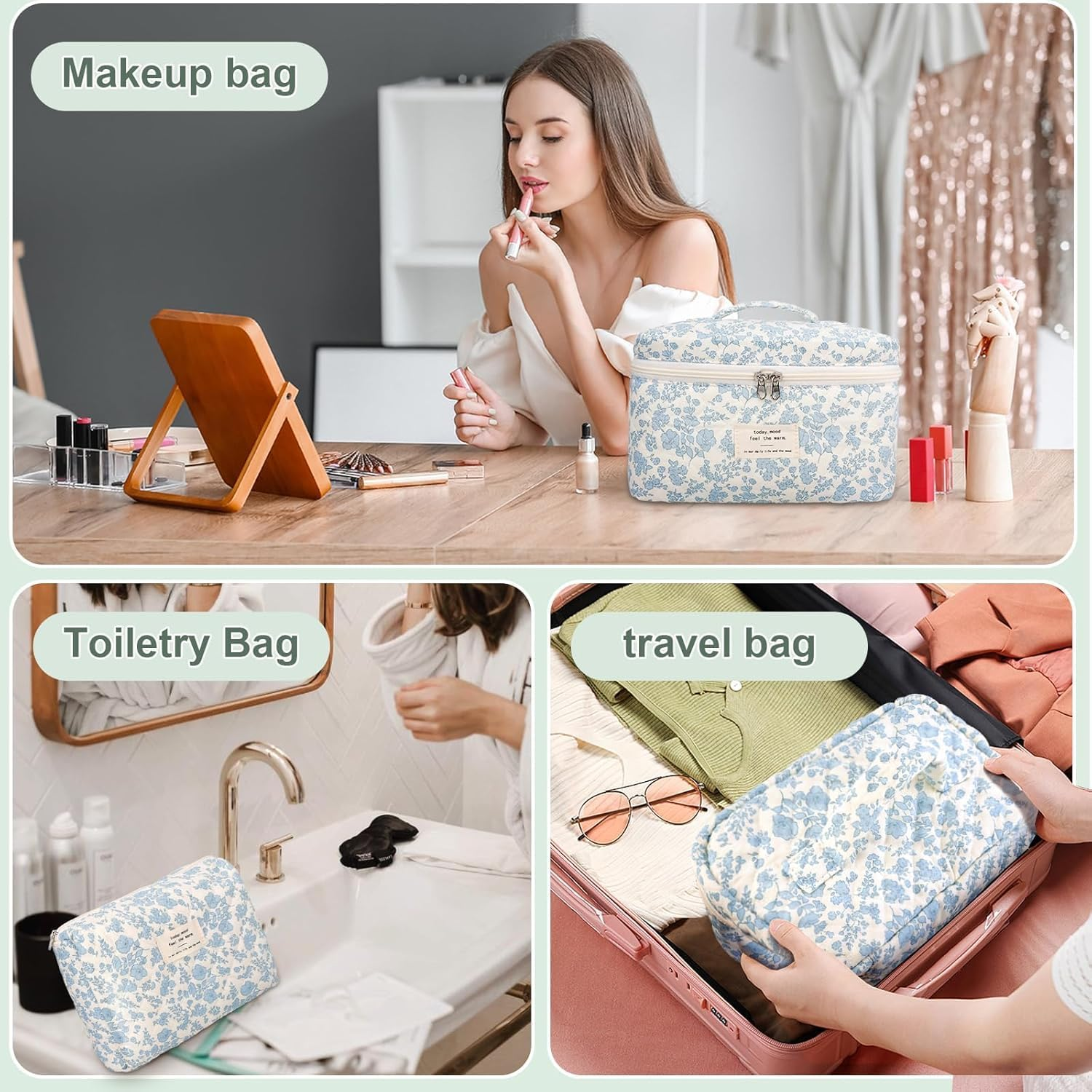 3-Piece Floral Makeup Bag Set, Quilted Cotton Cosmetic Pouch Organizer for Women & Girls, Large Travel Toiletry Bag with Medium & Small Bag, Cute Aesthetic Gift Set-Quttly
