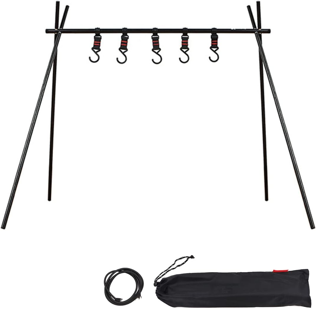 NUZAMAS Tripod Camping Hanging Rack with 5X Hook Cookware Storage Portable, Outdoor Camping Folding Rack, Cooking Tripod, Drying Clothes, Pot Roast, Grilling Picnic Camping BBQ Hanger image number 2