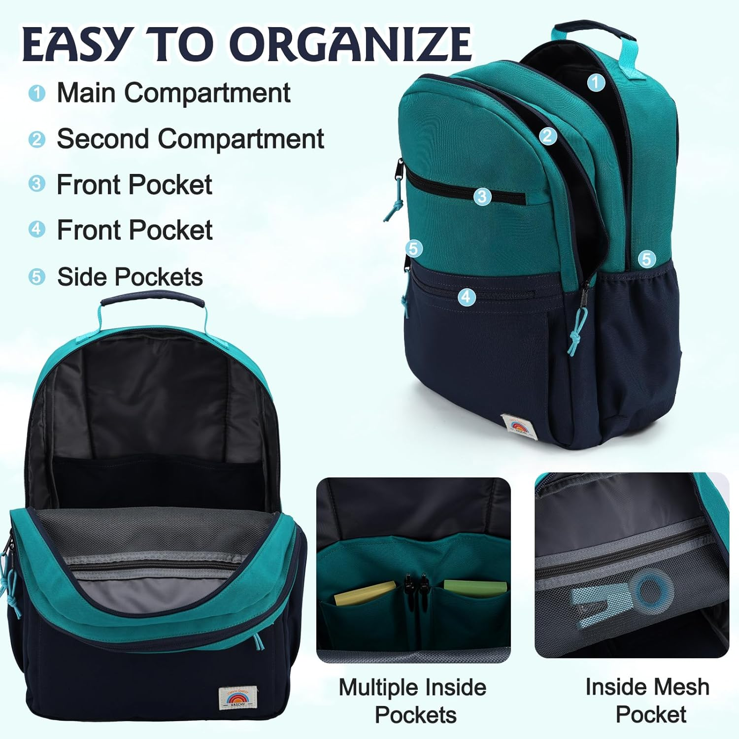 Toddler Kid Backpack,Vaschy Teen Boys Girls Lightweight Water Resistant Plain Color-Block Kids Bookbag Daypack with Two Sizes image number 5