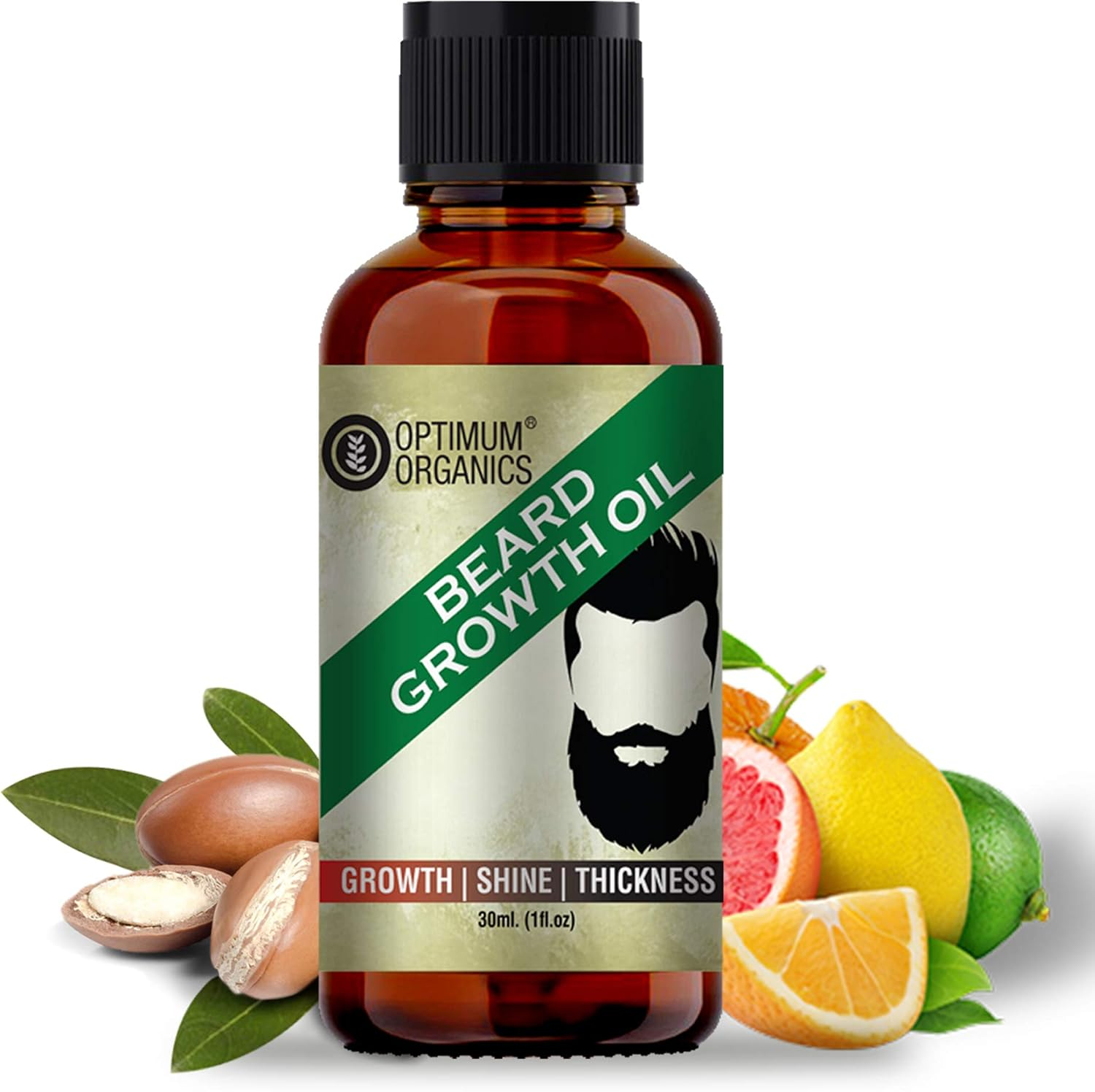 Beard Oil for Growing Beard Faster from Optimum Organics with Argan, Jojoba, Almond, Eucalyptus and Natural Extracts. image number 1