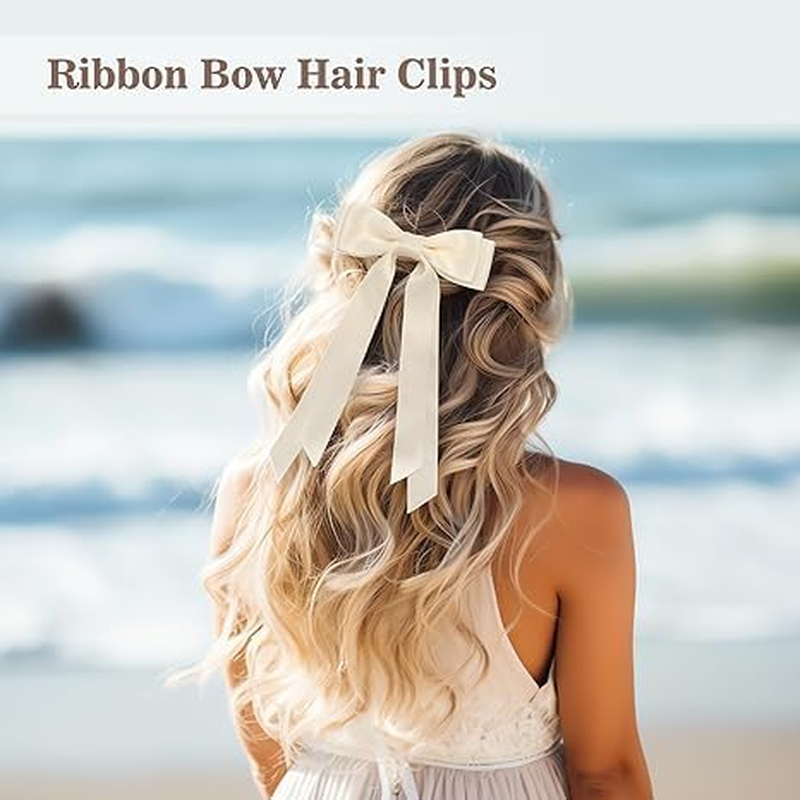 ZANZER 4PCS Silky Satin Hair Bows Hair Clip Beige Pink Hair Ribbon Ponytail Holder Accessories Slides Metal Clips Hair Bow for Women Girls Toddlers Teens Kids - Dark Green + Black + Red + Navy image number 2