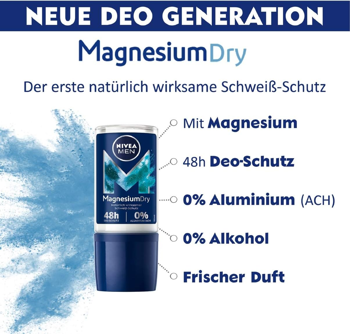 NIVEA MEN Magnesiumdry Roll-On Deodorant (50 Ml), Deodorant with Magnesium for Naturally Effective Sweat Protection, Deodorant with 0% Aluminium (ACH) and 0% Alcohol* image number 1