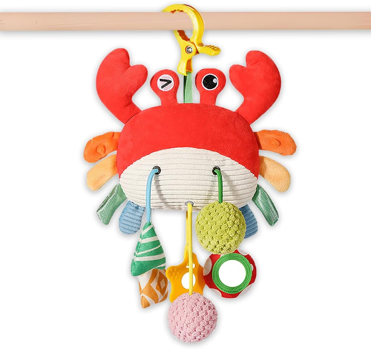 Crab Car Seat & Stroller Toy for Babies 0-12 Months, Sensory Hanging Toy with Rattle, Mirror, Squeaker, Bpa-Free Pull Strings, Fine Motor Skills Baby Newborn Infant Boy Girl