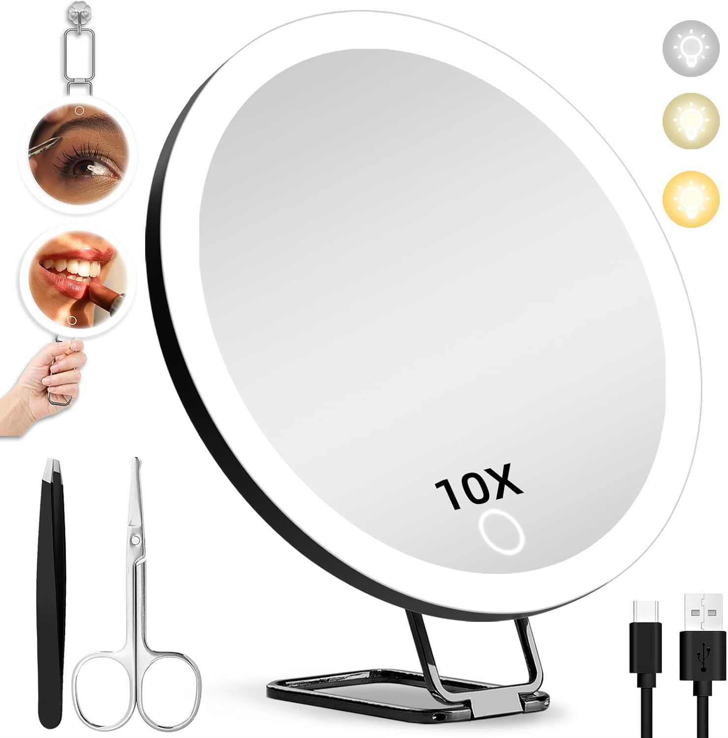 10X Magnifying Mirror with Lights, 6Inch Makeup Magnified Mirror 10X Lighted Travel Magnification with 3 Suction Cups and 360&deg; Adjustable Bracket - Includes Tweezers & Scissors
