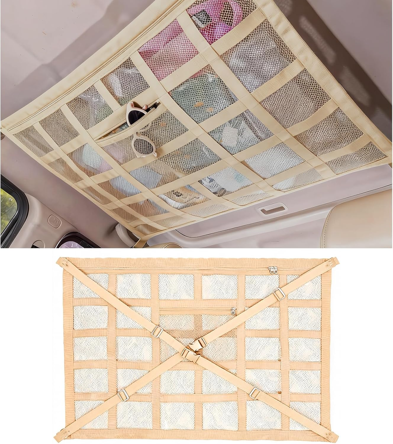 Car Ceiling Cargo Net with 2 Pockets & Adjustable Support Straps, 90&times;65Cm SUV Roof Storage Mesh for Car Camping, Travel & Overlanding Accessories Black