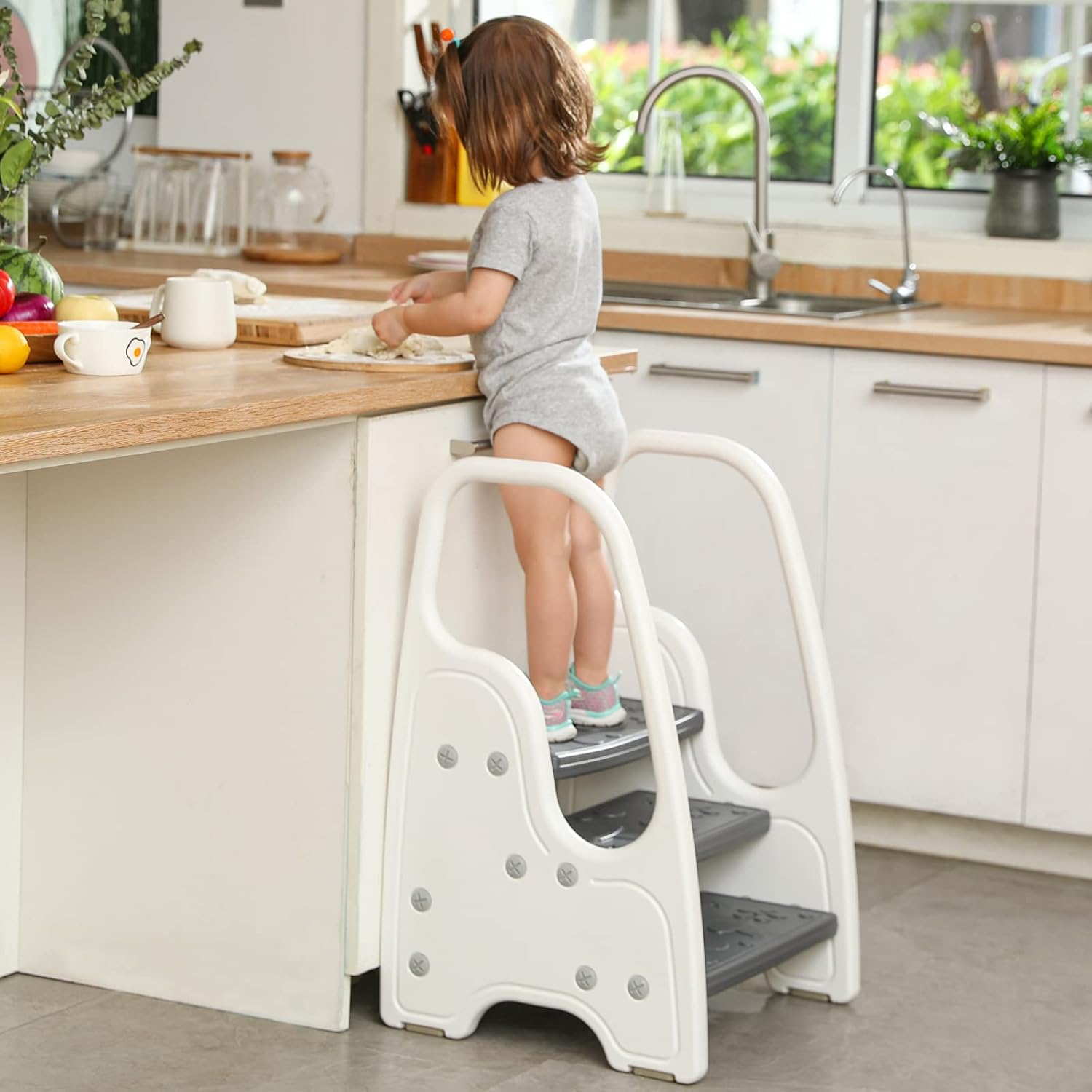 3 Step Stool with Handle for Toddler and Kids,Standing Tower for Bathroom Sink, Potty Training, Children Step up Learning Helper with Handles and Safety Non-Slip Pads(Gray) image number 4