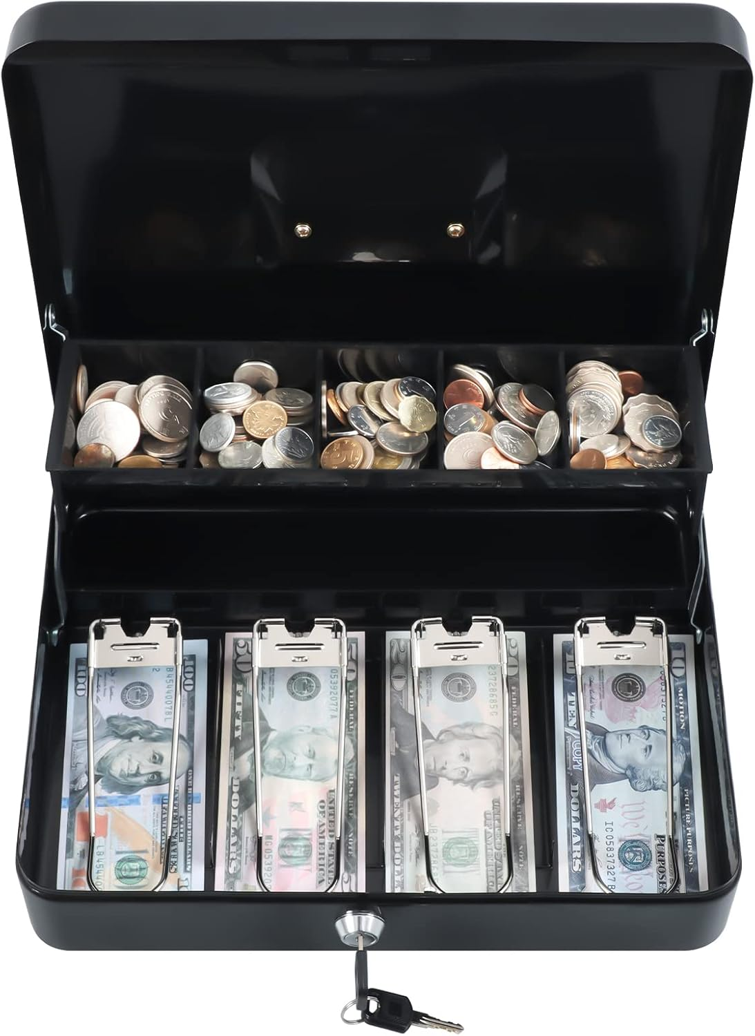 Xydled Cash Box with Money Tray and Key Lock,Tiered, Cantilever Design,4 Bill / 5 Coin Slots,11.8" X 9.5" X 3.5",Black - Black Key Lock image number 3