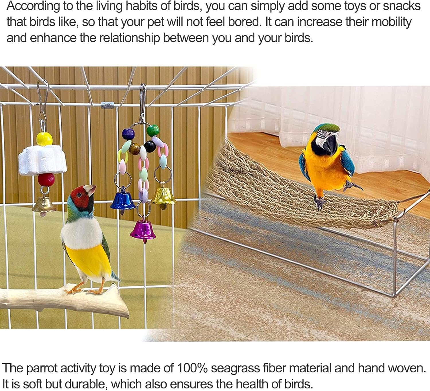 Bird Seagrass Mat,Natural Grass Woven Net Hammock Parakeet Chew Toys Trimming Cage Accessories Climbing Rope Ladder with Hooks Lovebird Cockatiel Conure Budgie,Size 28.3" X 6.7" image number 6