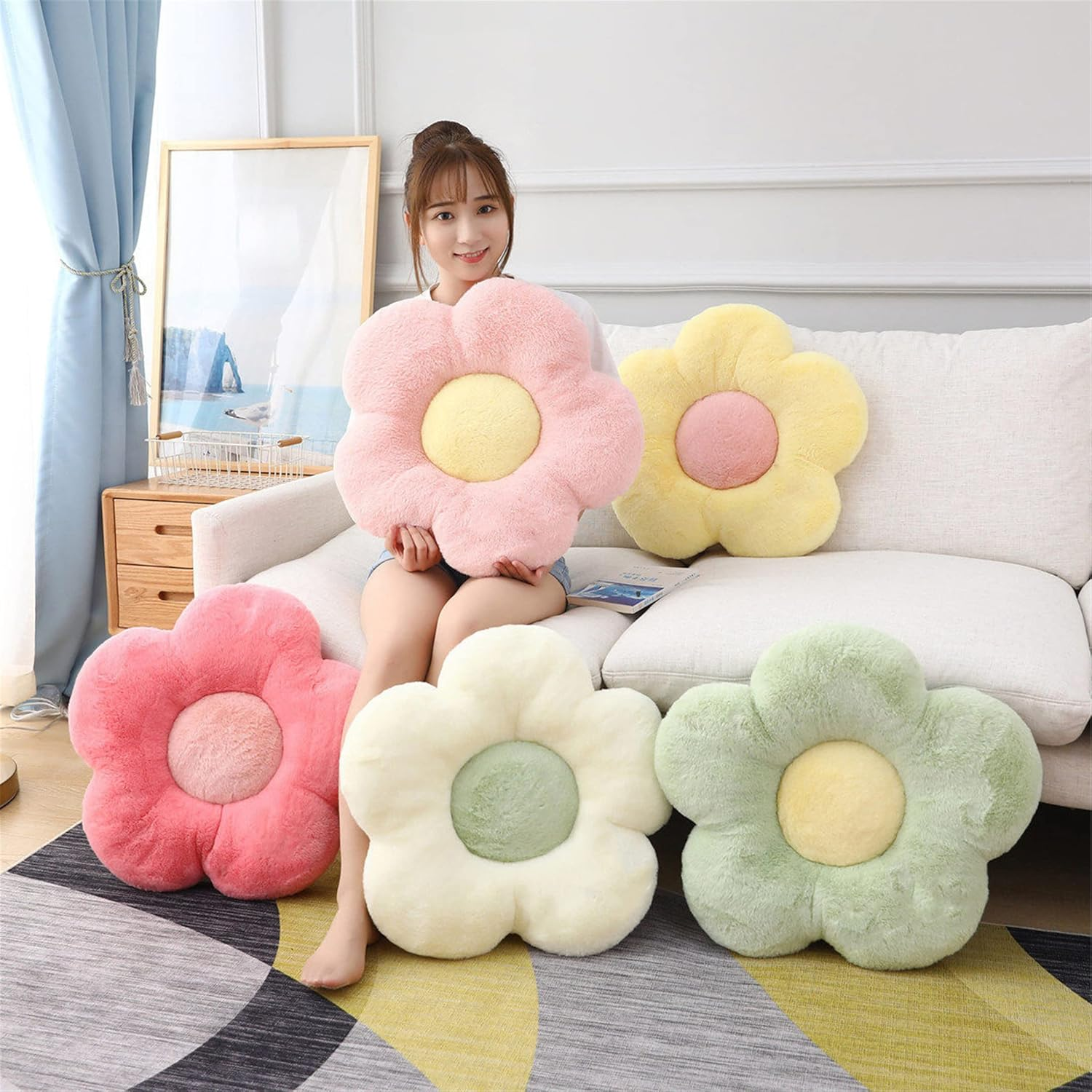 YILANLAN Cute Flower Cushion Plush Floor Pillow Casual Comfortable Pillow Office Living Room Bed Decoration Cushion Simple Room Decoration (40Cm, Yellow) image number 4