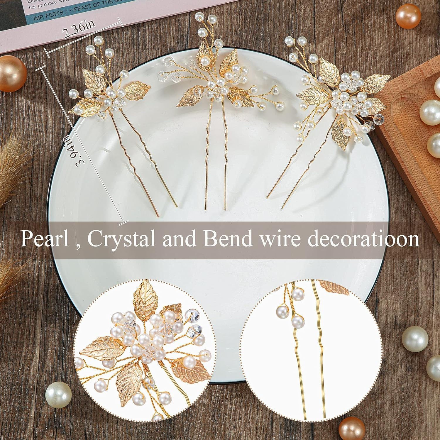 IONPSHG Pearl Wedding Hair Pins, U-Shaped Gold Leaf Bridal Hair Accessories for Women & Girls, Elegant Bride Hairpieces for Parties, Set of 3 image number 4