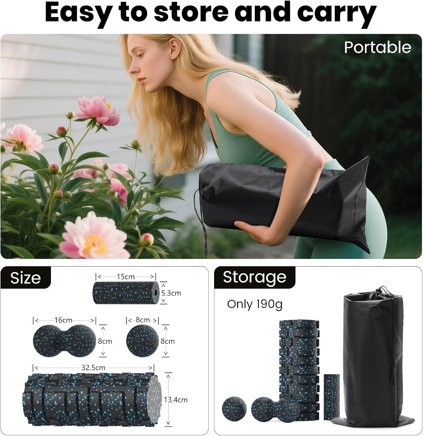5 in 1 Foam Roller Set, Trigger Point Foam Roller, Massage Roller, Massage Ball, Peanut Massage Ball, Mini Roller for Deep Muscle Massage Pilates Yoga, Fitness Exercise for Whole Body (Blue Black) image number 3