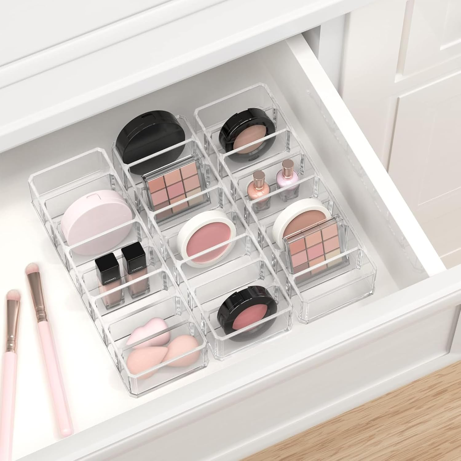 Tavvke 2 Pack 8-Compartment Clear Makeup Organizer, Cosmetic and Jewelry Storage Box for Lipstick, Eyeshadow, Blush, Highlighters, Perfume, Skincare, Dresser and Bathroom Display Case image number 3